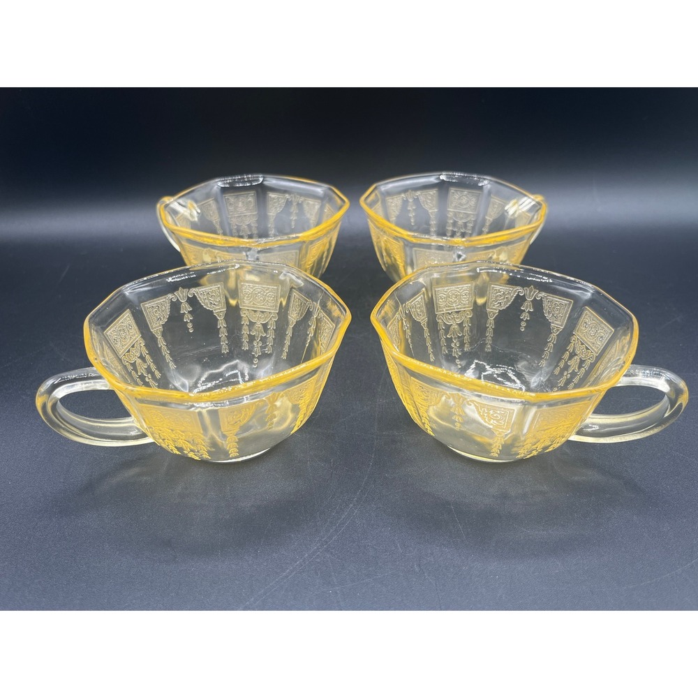 Hocking Princess Topaz Depression Glass Tea Cups Octagon Etched Yellow 1931–1935